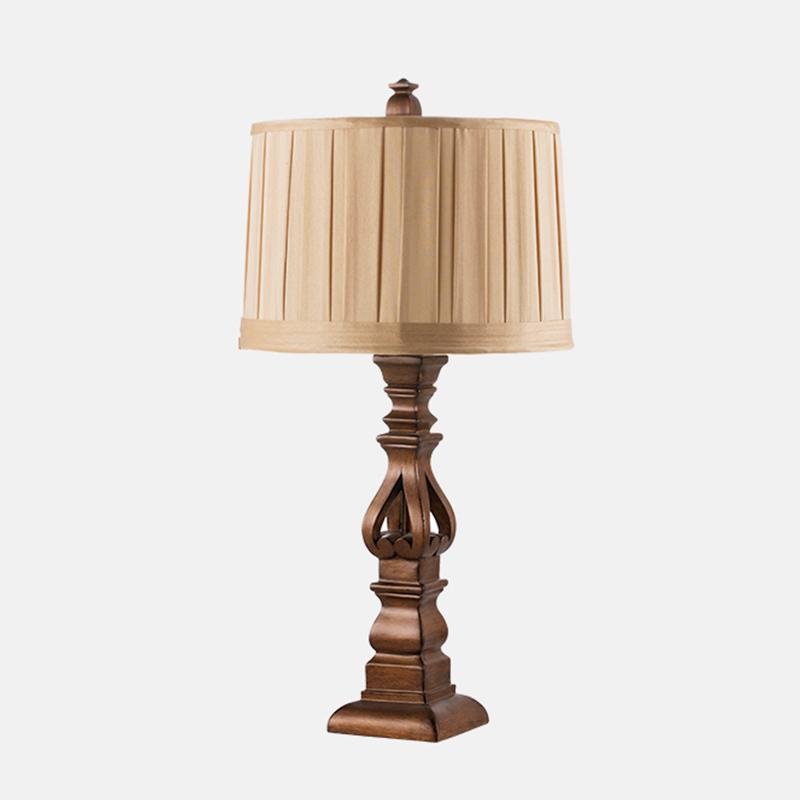 Vintage Wood Table Lamp with Striped Drum Shade - LED Light Accent