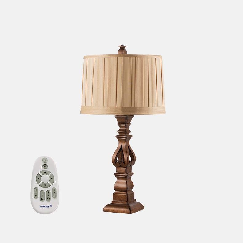 Vintage Wood Table Lamp with Striped Drum Shade - LED Light Accent