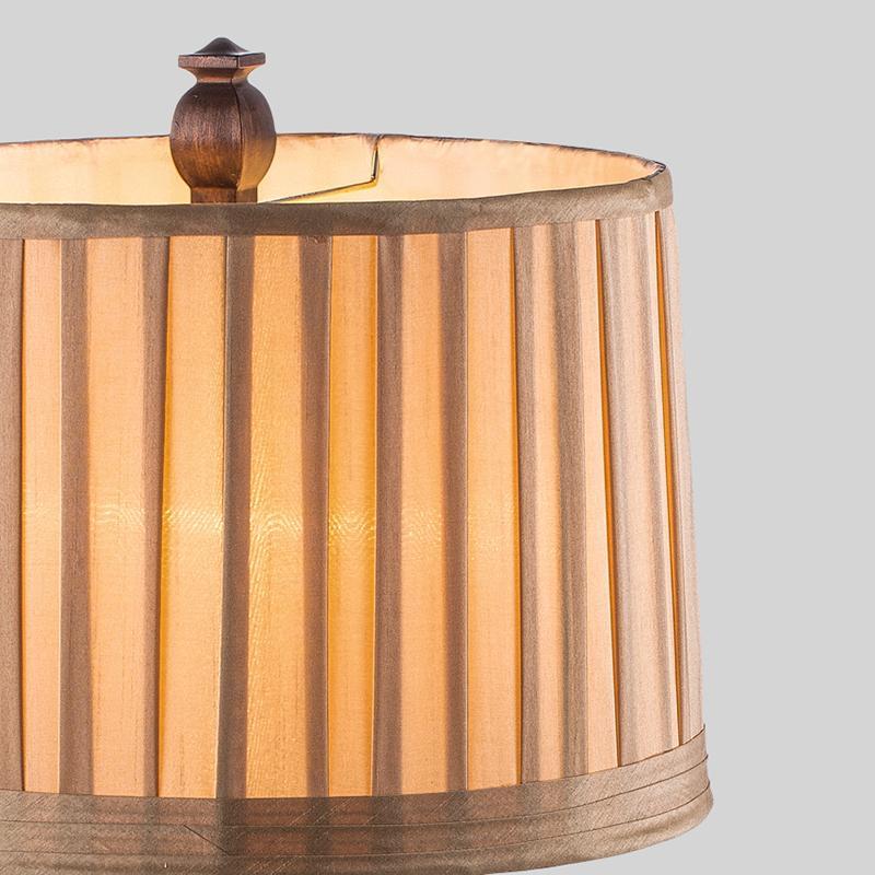 Vintage Wood Table Lamp with Striped Drum Shade - LED Light Accent