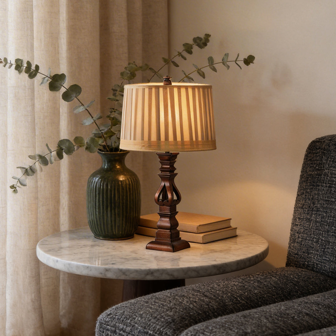Vintage Wood Table Lamp with Striped Drum Shade - LED Light Accent