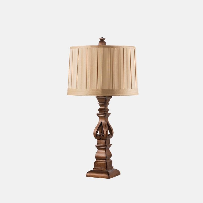 Vintage Wood Table Lamp with Striped Drum Shade - LED Light Accent