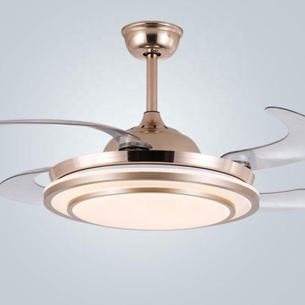 4 Blade Gold Finish Retractable Ceiling Fan Chandelier with LED Light