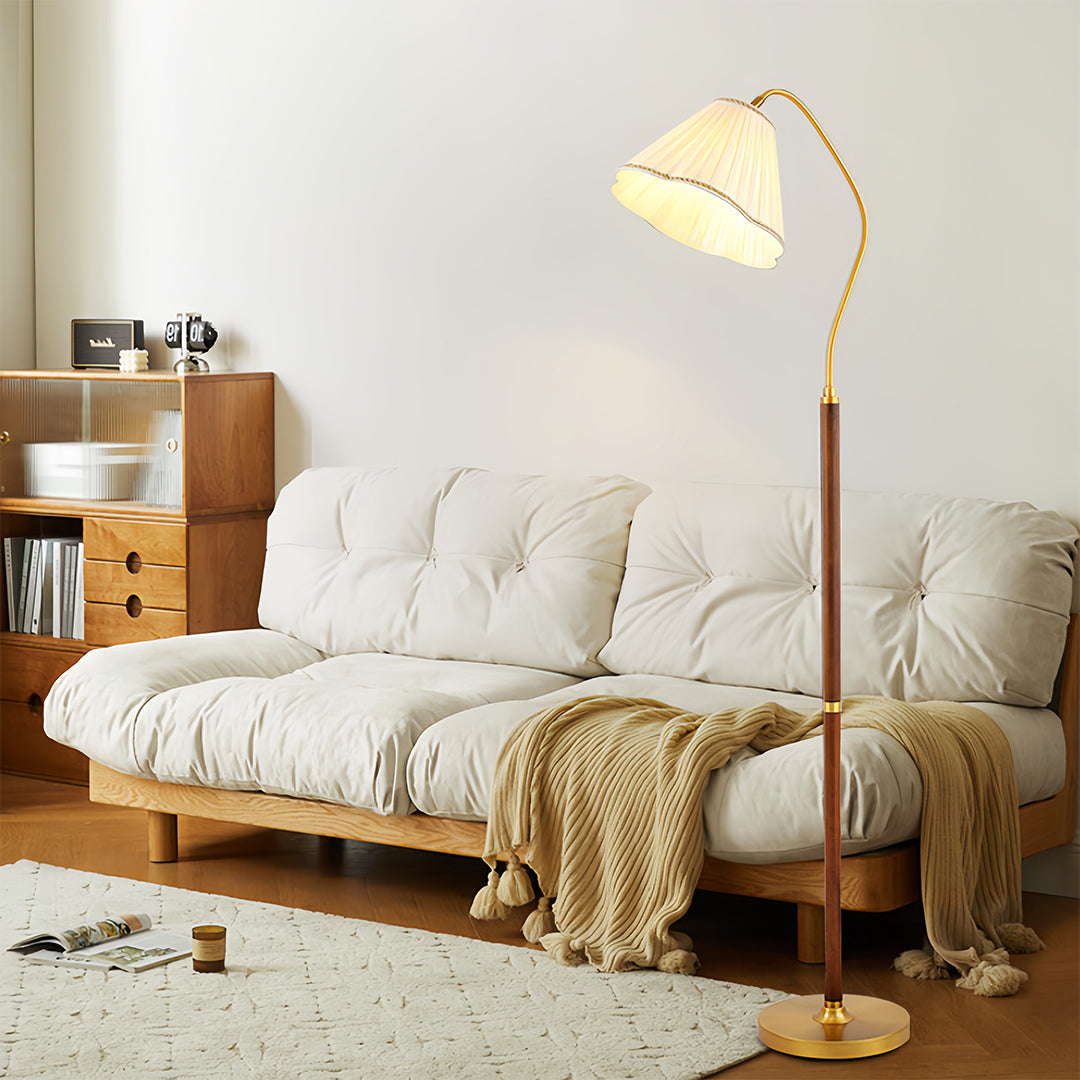 Walnut Floor Lamp with Fabric Shade - Elegant American Retro Standing Lamp
