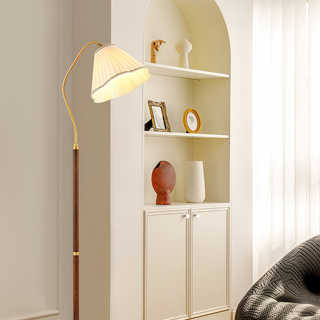 Walnut Floor Lamp with Fabric Shade - Elegant American Retro Standing Lamp