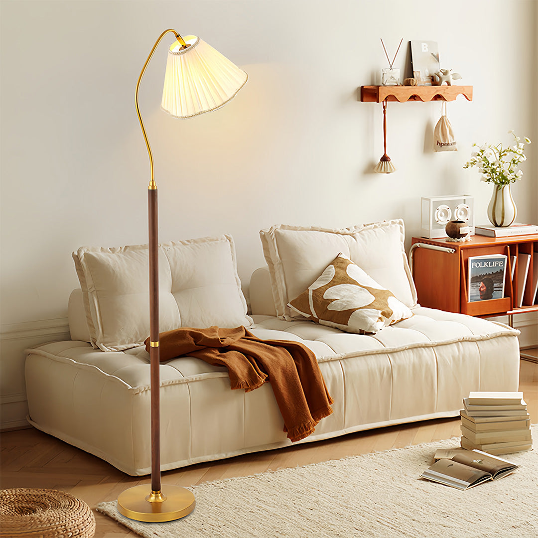 Walnut Floor Lamp with Fabric Shade - Elegant American Retro Standing Lamp