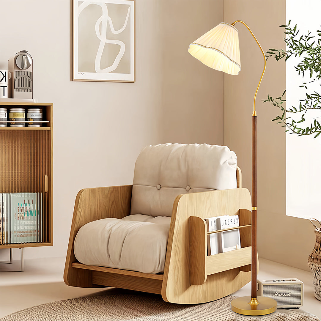 Walnut Floor Lamp with Fabric Shade - Elegant American Retro Standing Lamp