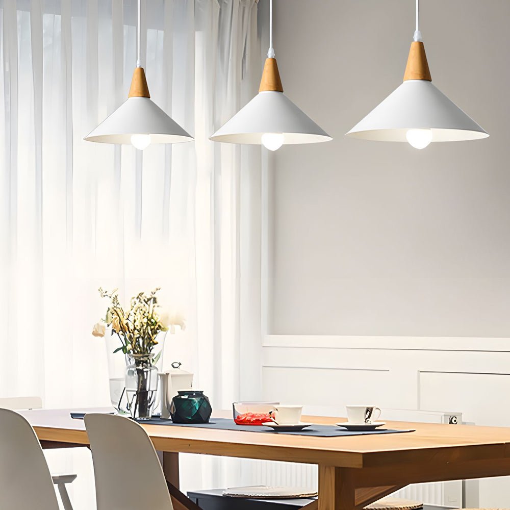White Nordic Metal Cone Pendant Light with Wood Top