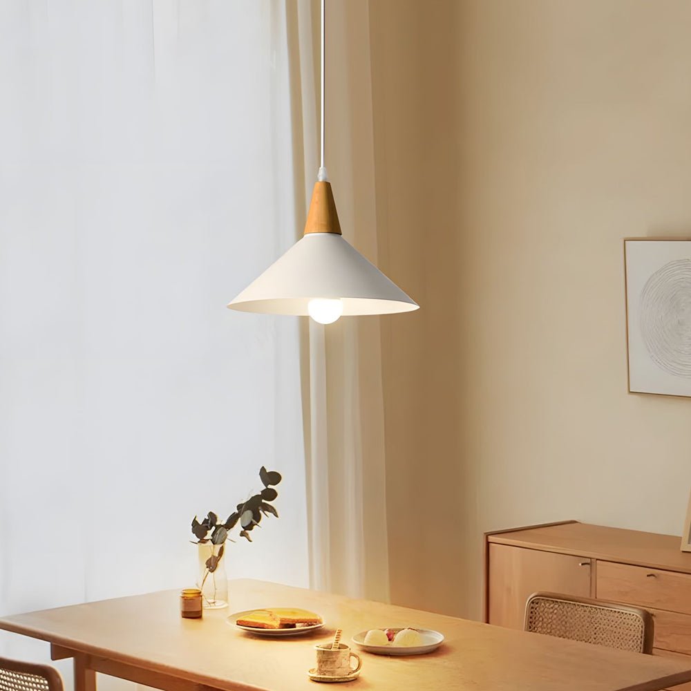 White Nordic Metal Cone Pendant Light with Wood Top