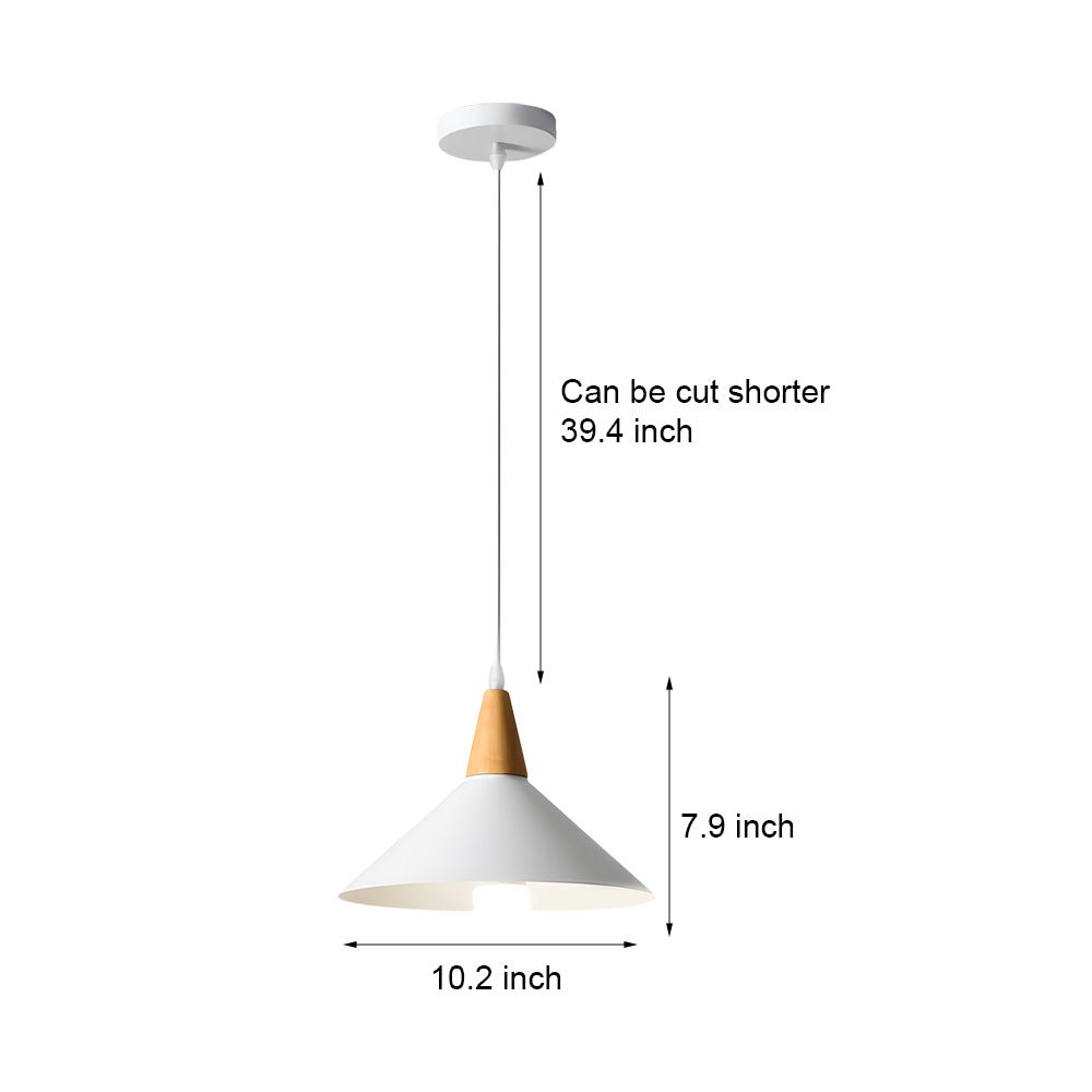 White Nordic Metal Cone Pendant Light with Wood Top