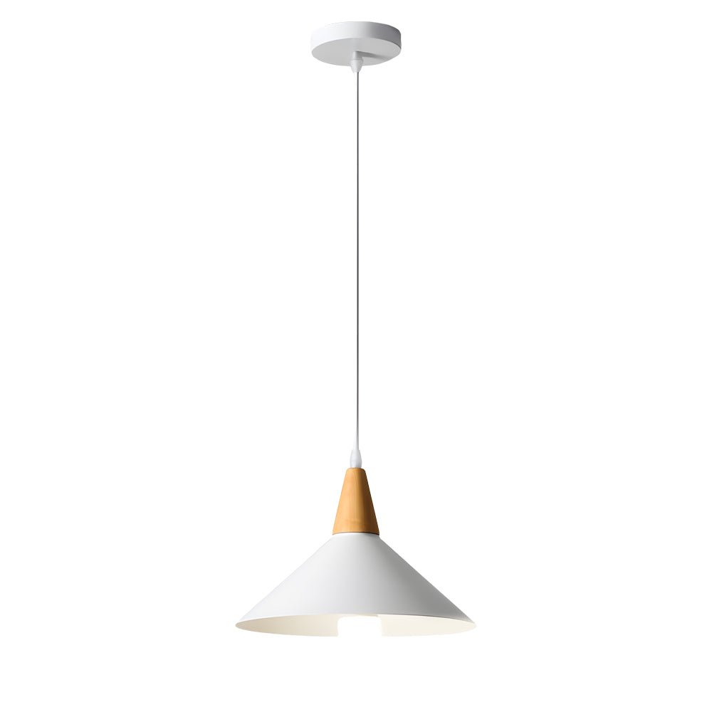 White Nordic Metal Cone Pendant Light with Wood Top