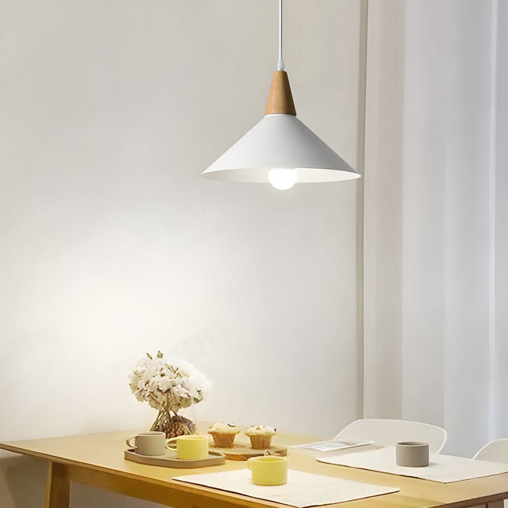 White Nordic Metal Cone Pendant Light with Wood Top