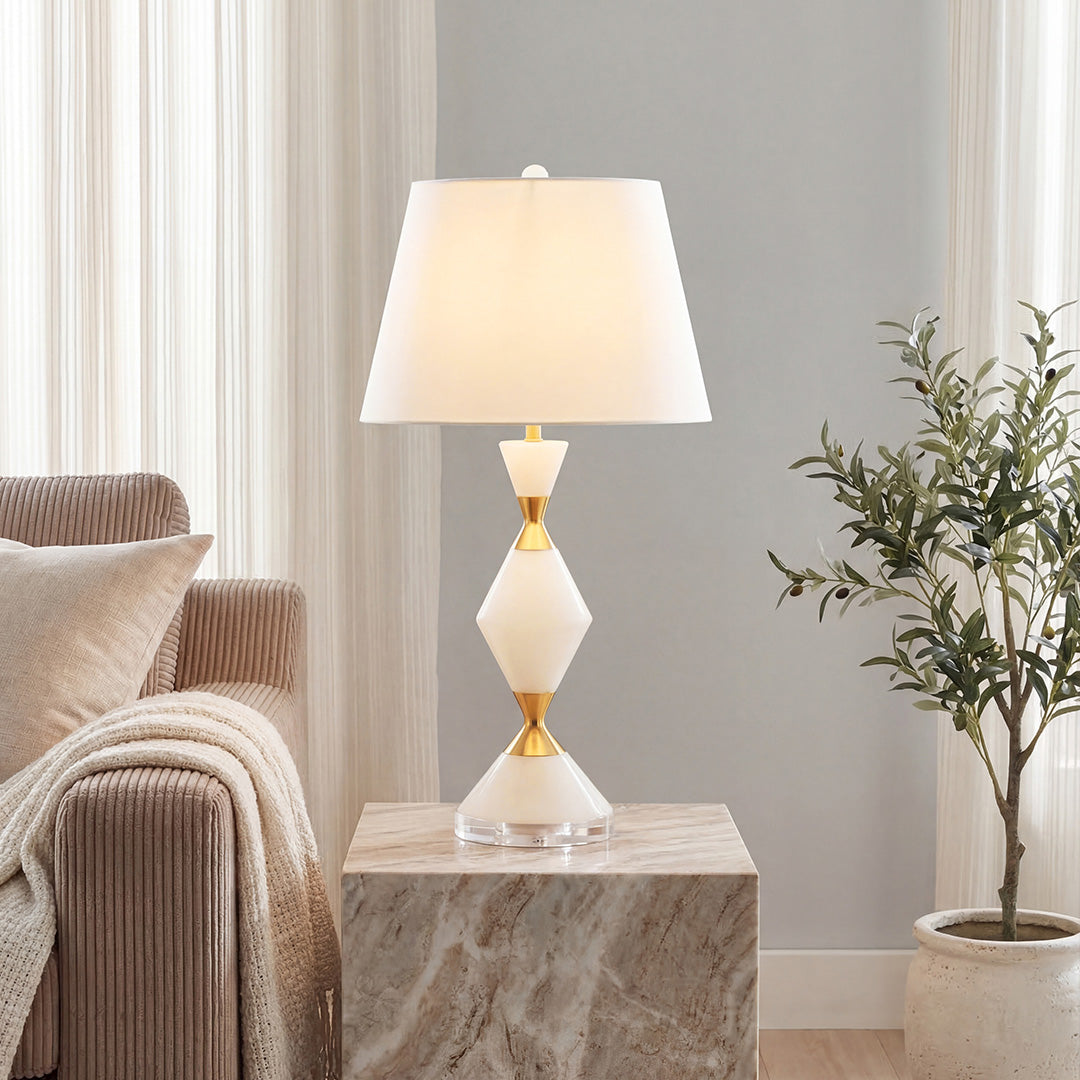 Elegant White Contemporary Table Lamp with Gold Accents - Modern Home Lighting Decor