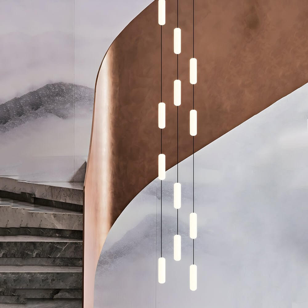 White Long Tube Multi Light Staircase Chandelier - Modern Lighting, LED Pendant, Stairway Decor, Contemporary Ceiling Fixture, Home Interior Design