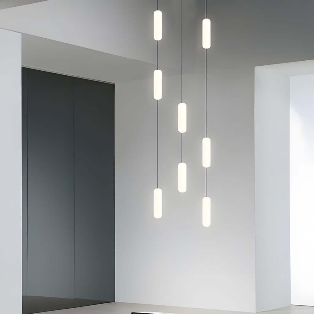 White Long Tube Multi Light Staircase Chandelier - Modern Lighting, LED Pendant, Stairway Decor, Contemporary Ceiling Fixture, Home Interior Design