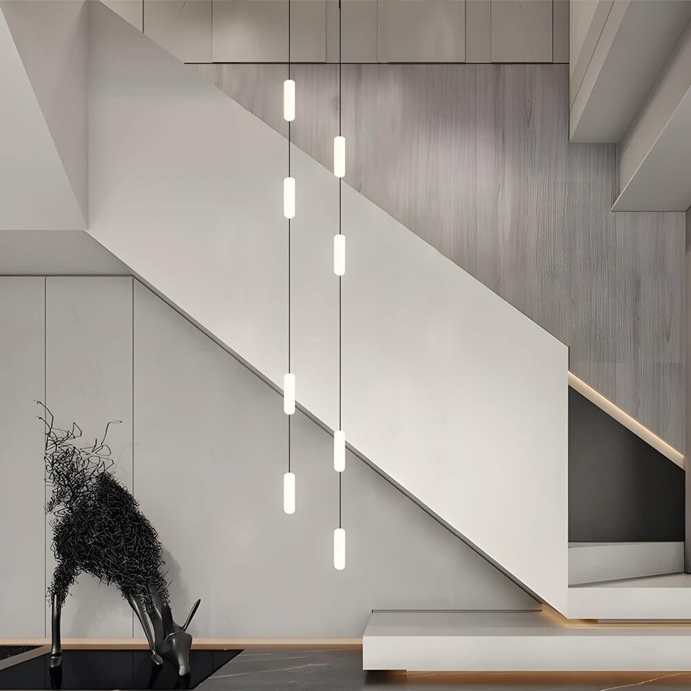 White Long Tube Multi Light Staircase Chandelier - Modern Lighting, LED Pendant, Stairway Decor, Contemporary Ceiling Fixture, Home Interior Design