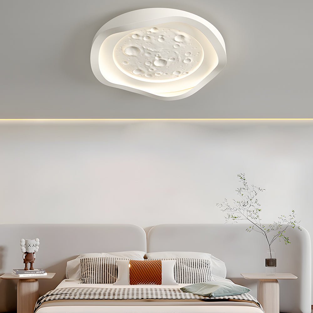 White Resin Lunar LED Flush Mount Ceiling Light for Bedroom