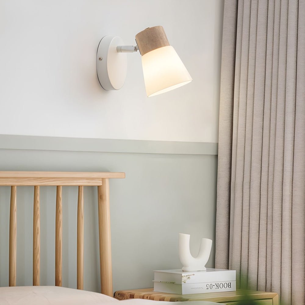 Wood Glass Cone Rotatable Light Wall Sconce, Modern White Design, Adjustable LED Fixture, Contemporary Home Lighting, Stylish Wall Lamp, Decorative Accent Light, Interior Wall Sconce, Energy-Efficient Lighting, Minimalist Design, Indoor Wall Decor, Unique