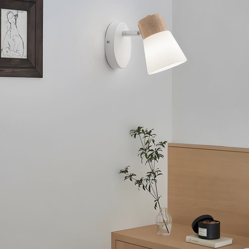 Wood Glass Cone Rotatable Light Wall Sconce, Modern White Design, Adjustable LED Fixture, Contemporary Home Lighting, Stylish Wall Lamp, Decorative Accent Light, Interior Wall Sconce, Energy-Efficient Lighting, Minimalist Design, Indoor Wall Decor, Unique