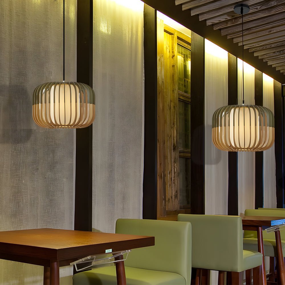 Wood Lantern Fabric Lampshade LED Chandelier - Minimalist Japanese Lighting