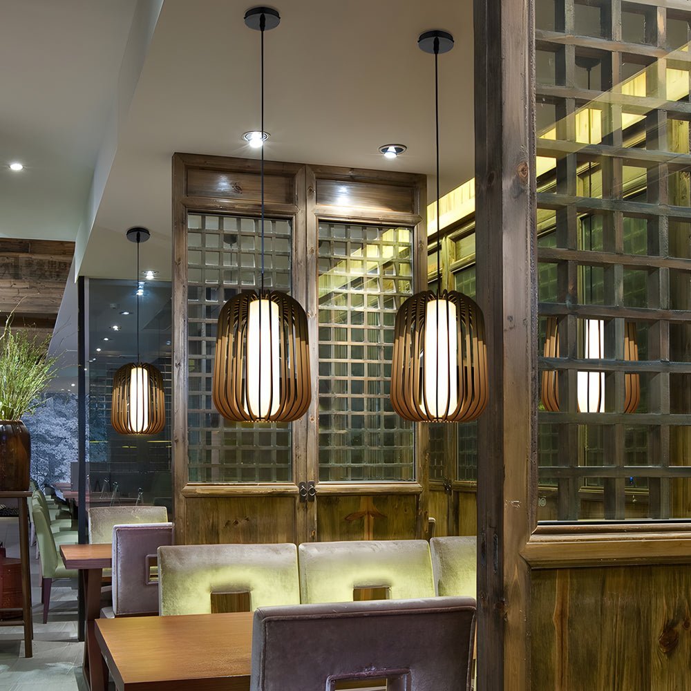 Wood Lantern Fabric Lampshade LED Chandelier - Minimalist Japanese Lighting