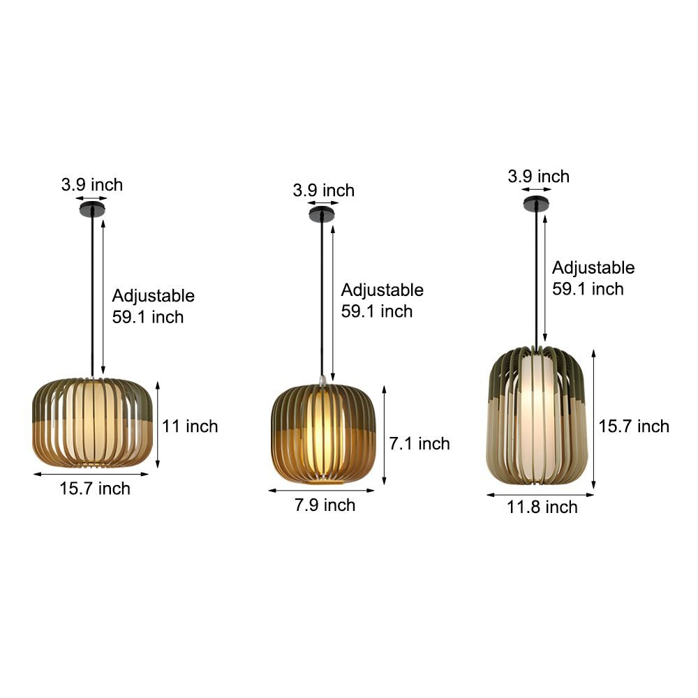 Wood Lantern Fabric Lampshade LED Chandelier - Minimalist Japanese Lighting