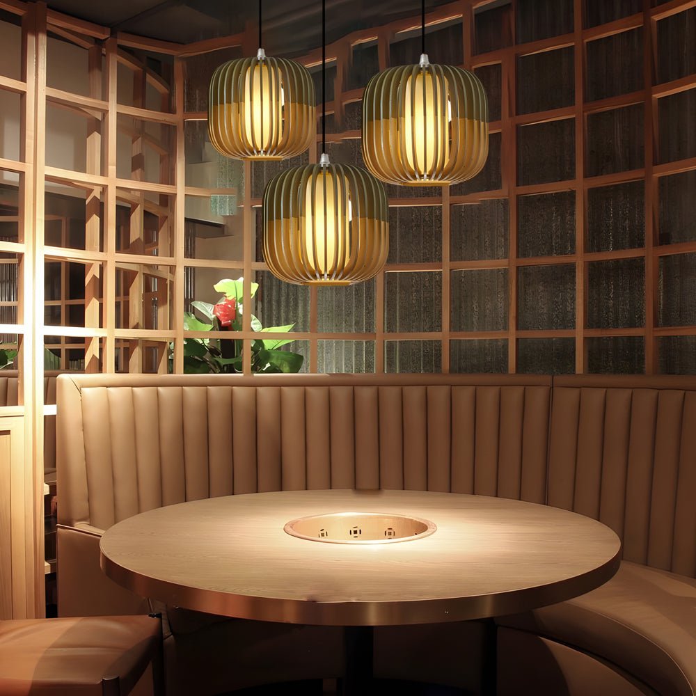 Wood Lantern Fabric Lampshade LED Chandelier - Minimalist Japanese Lighting