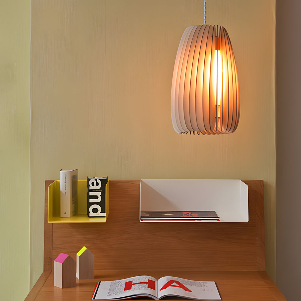 Wood Slat Pendant Light - Rustic Handmade LED Ceiling Fixture