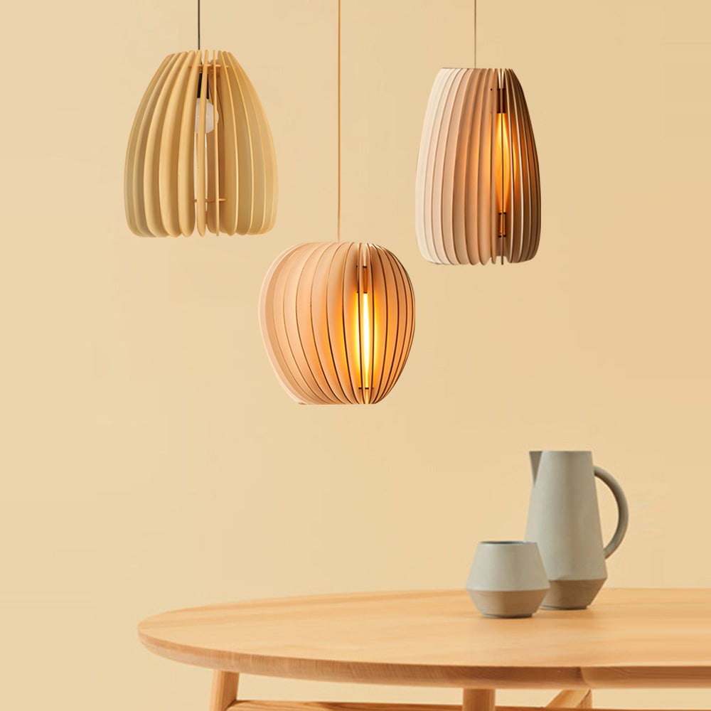 Wood Slat Pendant Light - Rustic Handmade LED Ceiling Fixture