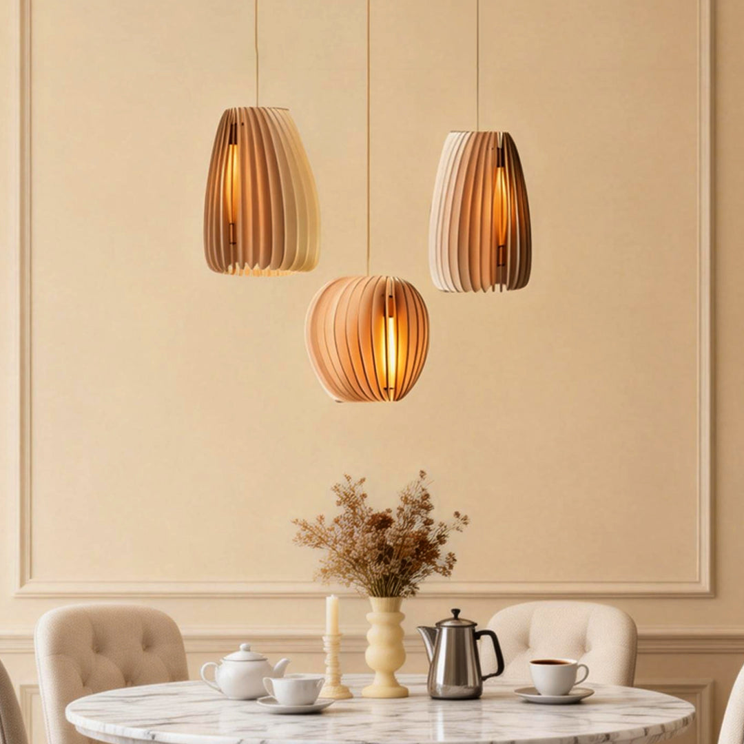 Wood Slat Pendant Light - Rustic Handmade LED Ceiling Fixture