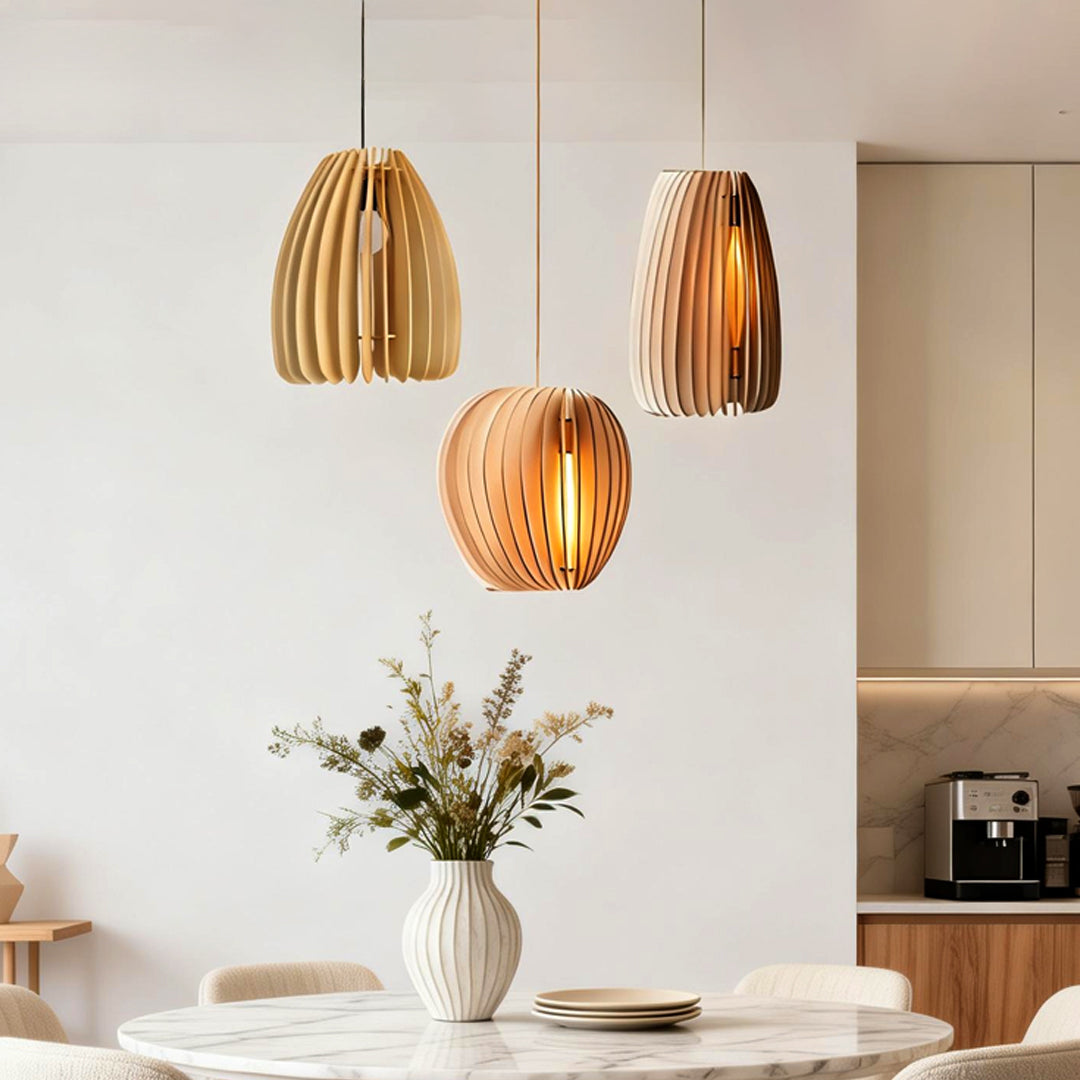 Wood Slat Pendant Light - Rustic Handmade LED Ceiling Fixture