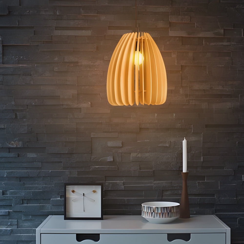 Wood Slat Pendant Light - Rustic Handmade LED Ceiling Fixture