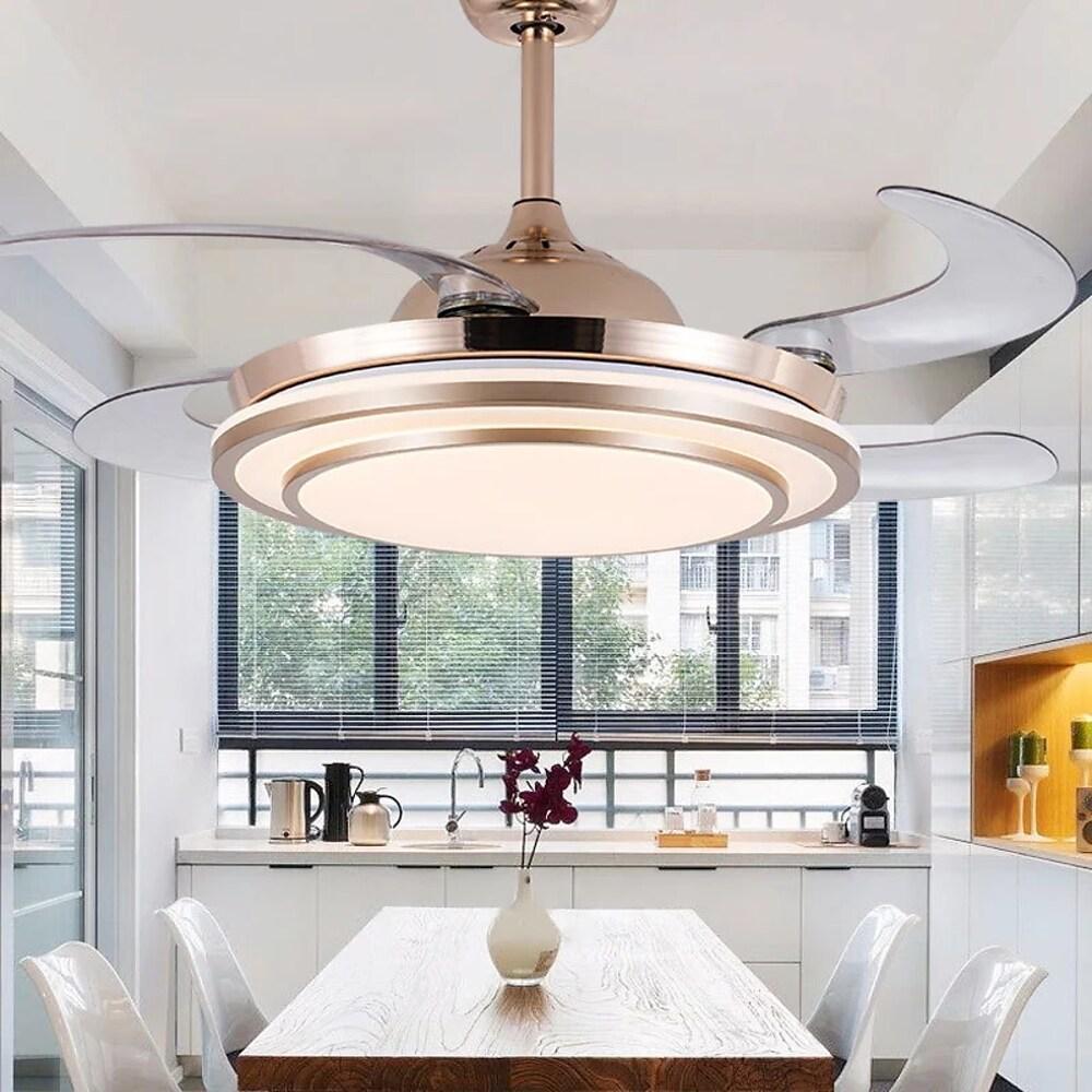 4 Blade Gold Finish Retractable Ceiling Fan Chandelier with LED Light